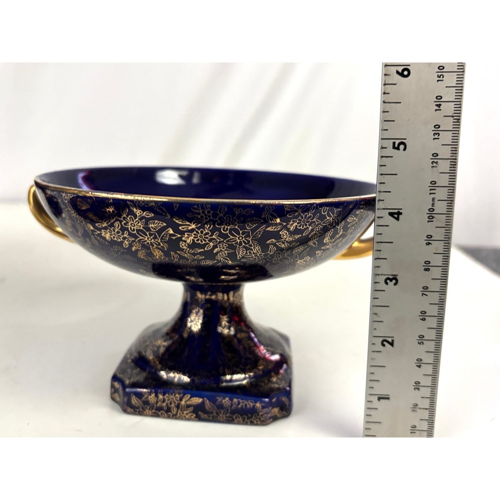 Vintage Cobalt‎ Blue Footed Covered Candy Dish Pair Gold Floral Japan - Picture 15 of 16